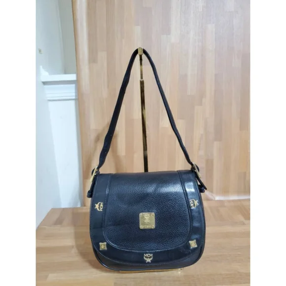 Authentic MCM Black Leather Studded Flap Shoulder Bag